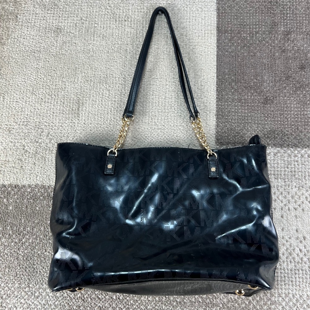 Michael Kors Black Patent Monogram Tote Bag Gold Chain Shoulder Strap